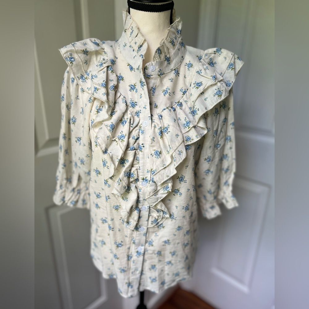Tuckernuck THE SHIRT BY ROCHELLE BEHRENS Nicole Blue Floral Shirt  Sz M